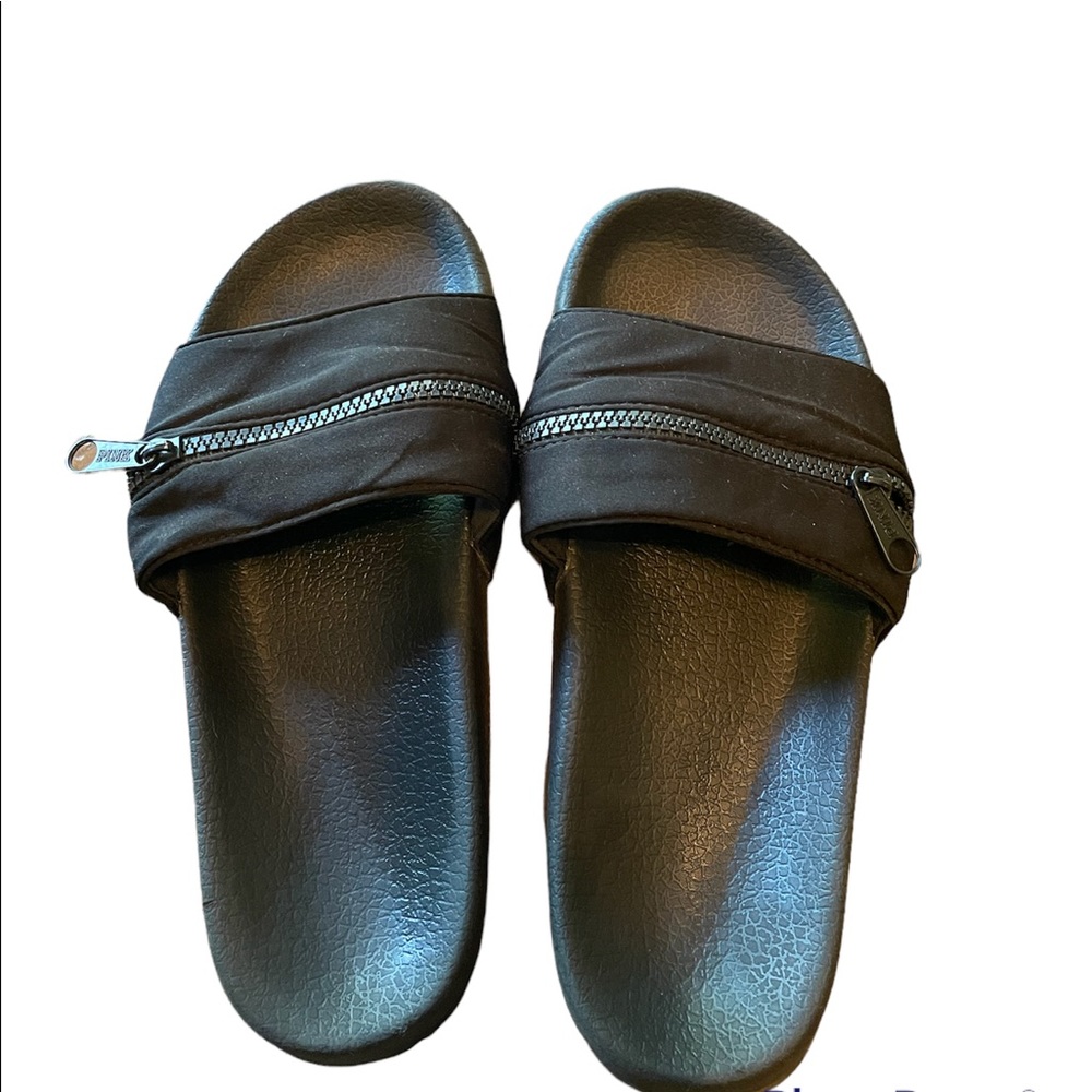 {PINK} zip pocket slides size 7